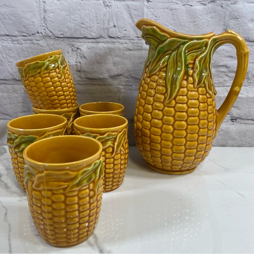 Vintage Norleans Japan Ceramic Corn Pitcher Set with 6 Cups Majolica Style Glaze